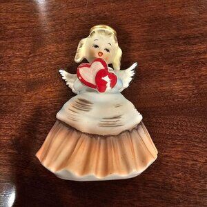 Vintage Ceramic Angel Figurine With Heart Accents and Gold Tone Halo, 4" approx.
